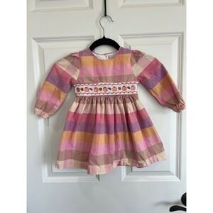 Iris & Ivy Pastel Buffalo Check Smocked Autumn Dress Pumpkins Leaves Size 24 Mo.